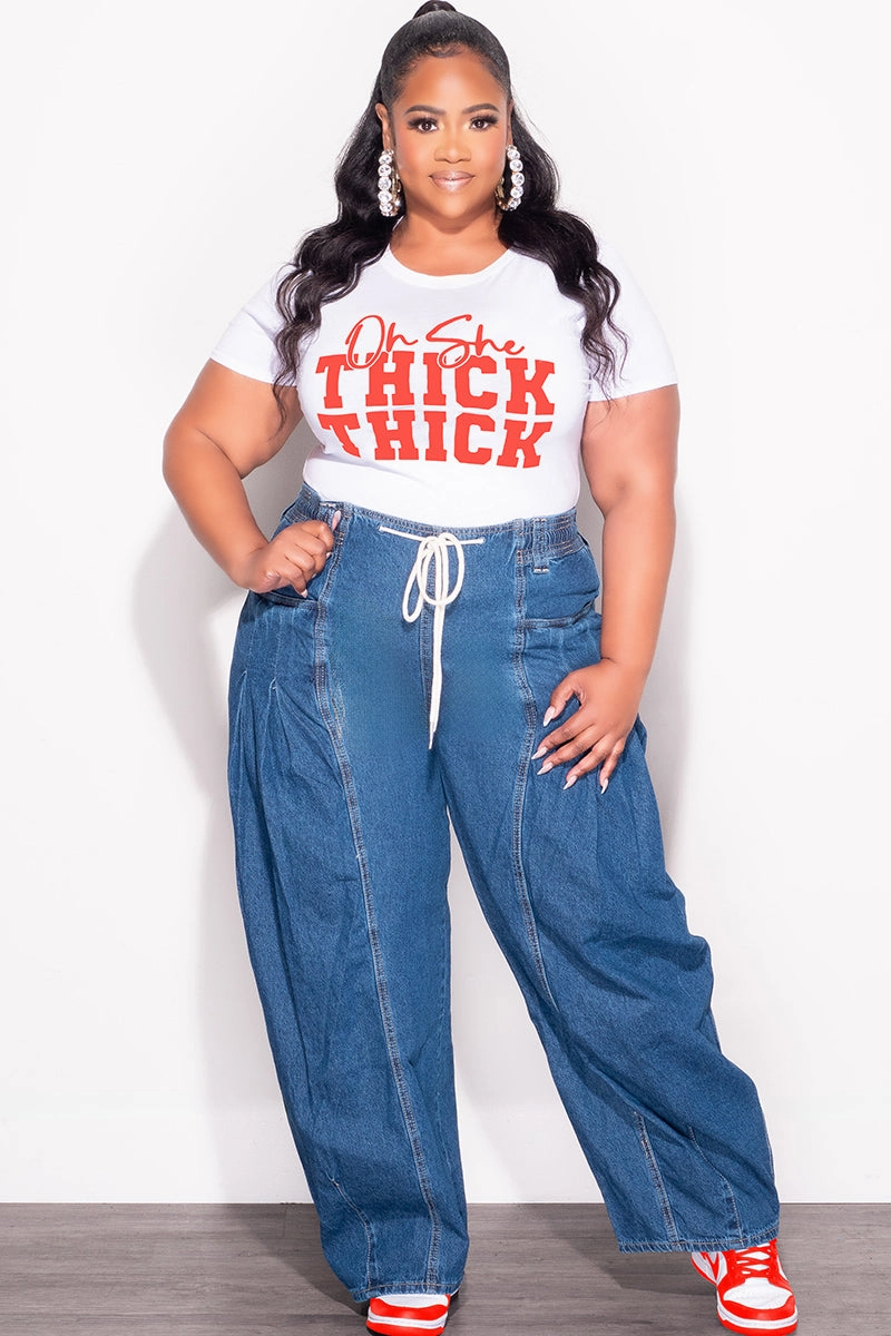 AdjustableTabs Snug Waist Final Sale Plus Size Fitted White T-Shirt Oh She Thick Thick in Red