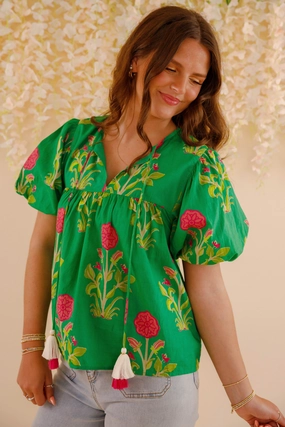 On The Move Blouse-Green Ribbed Trims Casual Style