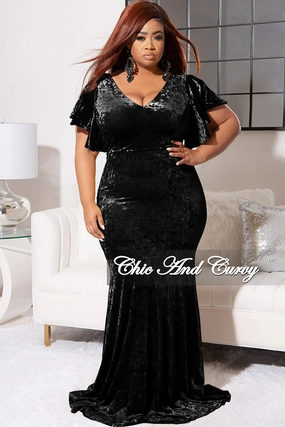 Low Profile Seaming Microfiber Blended Fabric Final Sale Plus Size Faux Wrap Sleeves Gown Velvet in Black