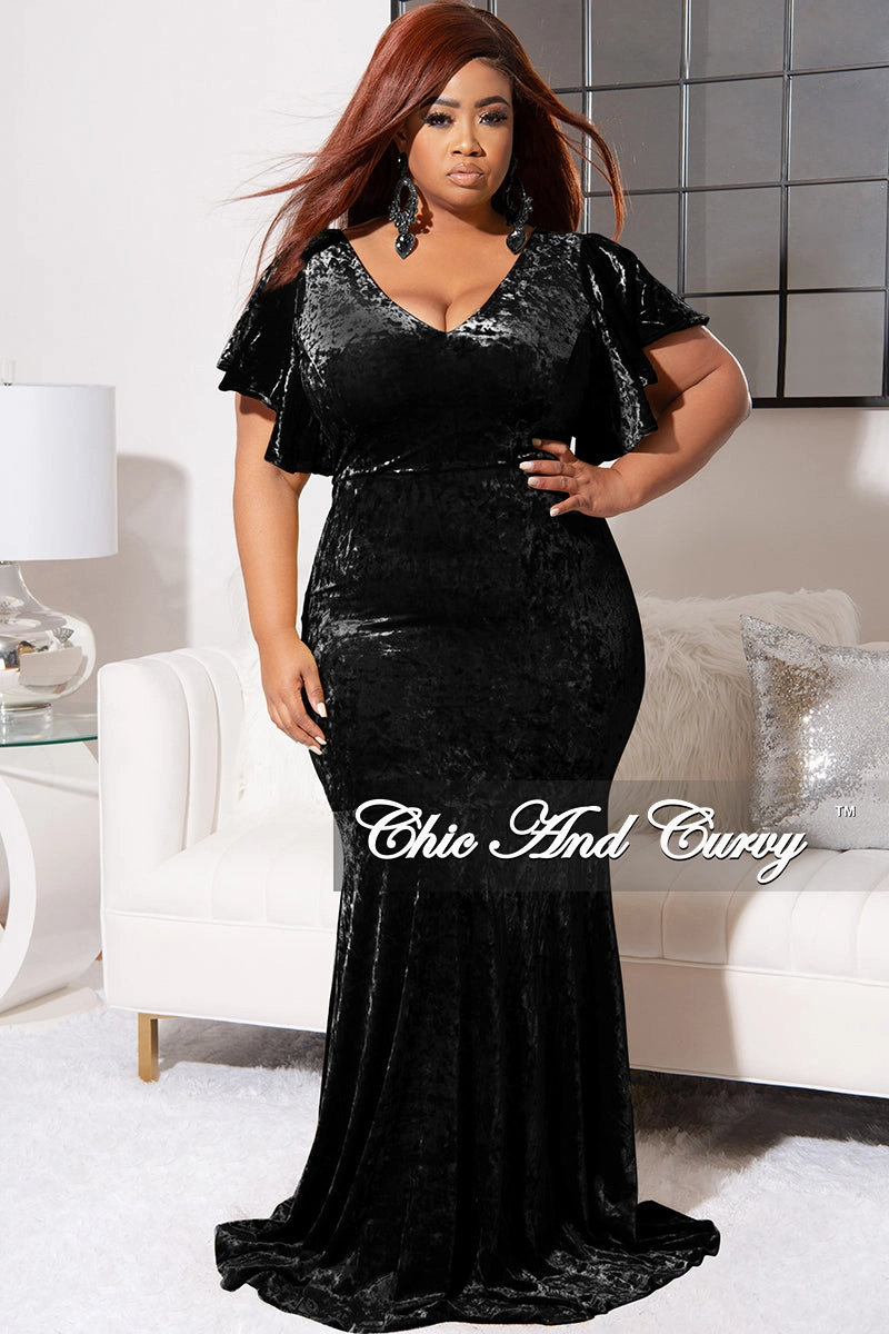Low Profile Seaming Microfiber Blended Fabric Final Sale Plus Size Faux Wrap Sleeves Gown Velvet in Black