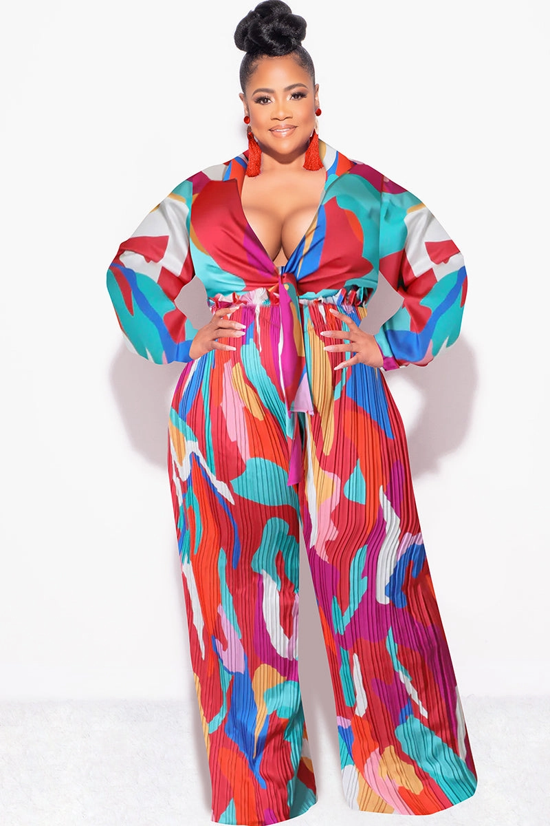 Daywear Final Sale Plus Size 2pc Satin Collar Tie Crop Top and Palazzo Pleated Pants in Multi Color Design Print