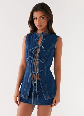 Organic Cotton Fiber Wish You Luck Denim Top - Dark Blue