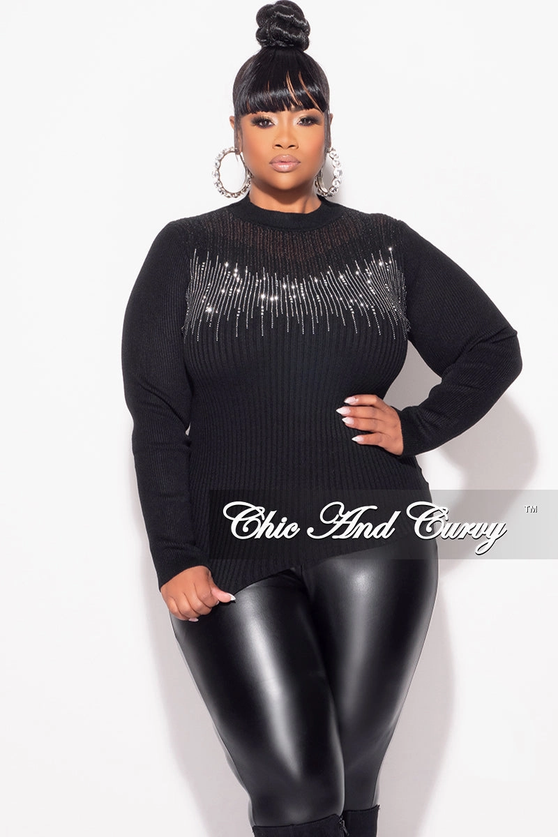 Hygienic Inner Layer Final Sale Plus Size Ribbed Rhinestone Sweater Top in Black