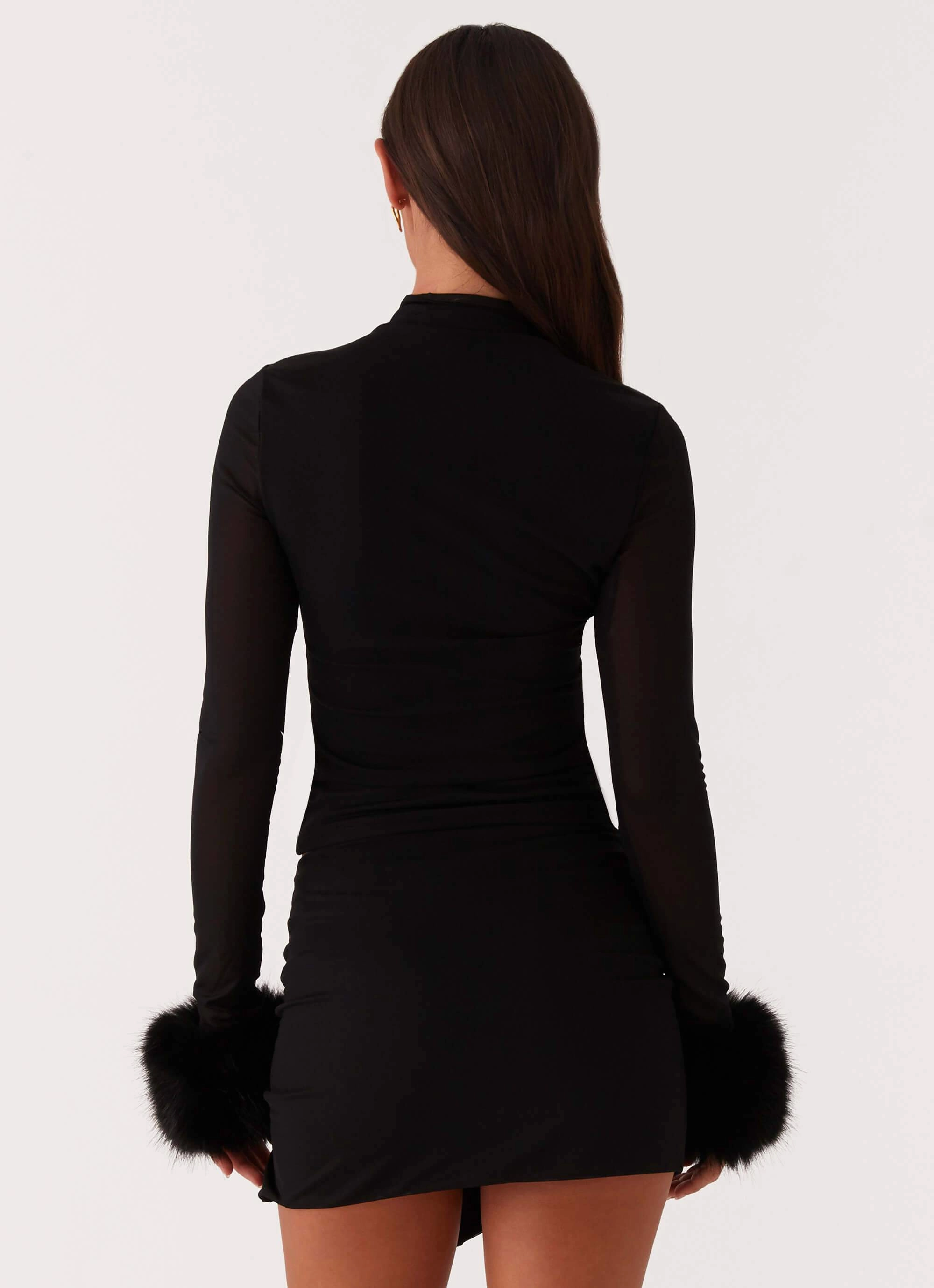 Layered Ply Construction Tayanna Fur Trim Long Sleeve Top - Black