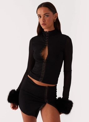 Tayanna Fur Trim Long Sleeve Top - Black Ventilated Panels