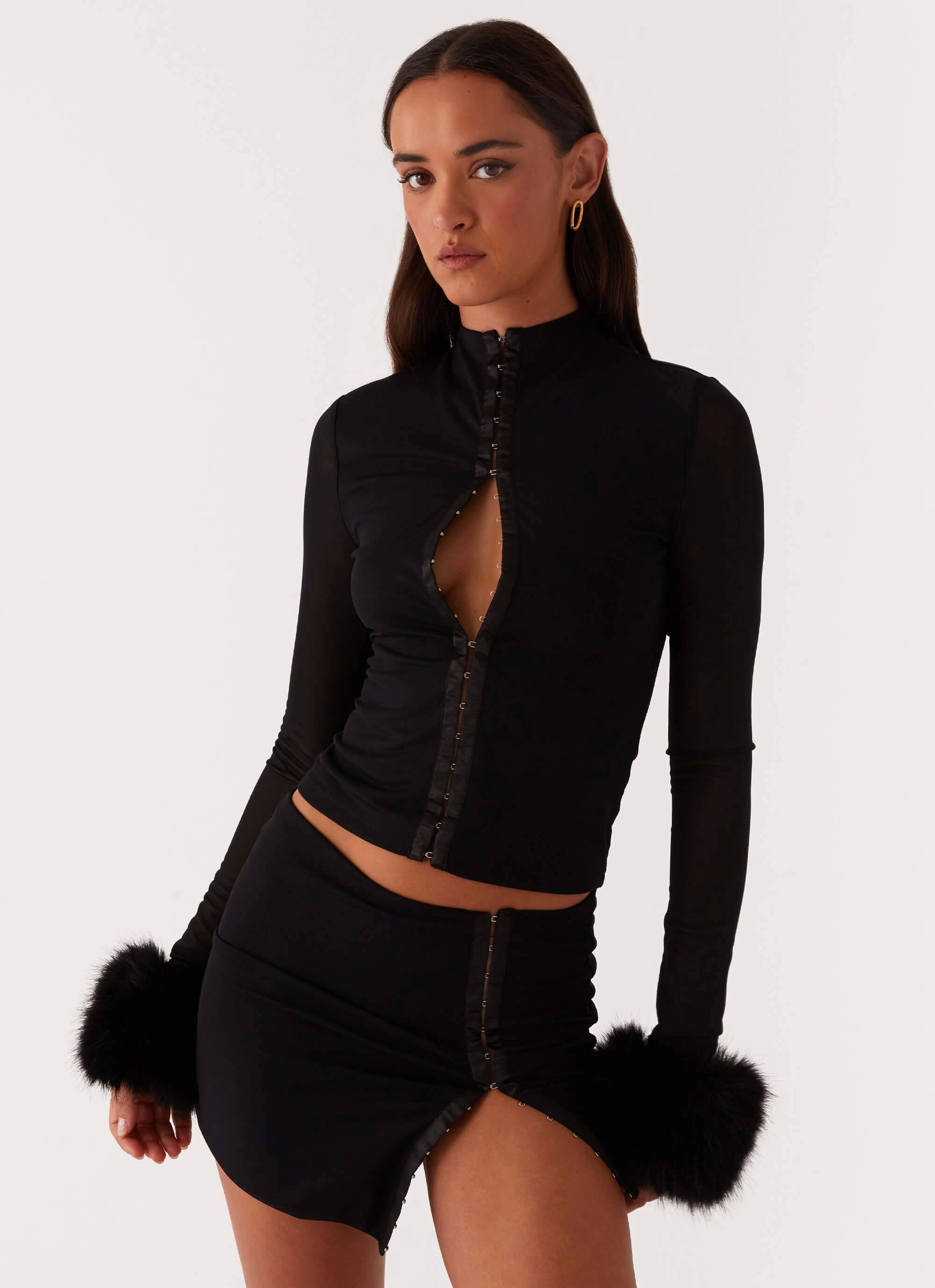 Tayanna Fur Trim Long Sleeve Top - Black Ventilated Panels