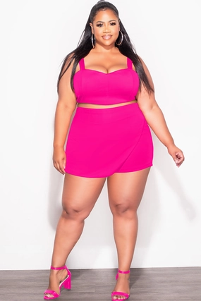 Final Sale Plus Size 2pc Strapless Crop Top and Skort Set in Fuchsia Core Cut Breathable Weave Fabric