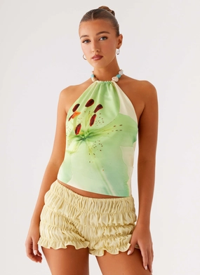 Dalila Beaded Tie Back Top - Yellow Floral LowProfile Zipper High Collar Design