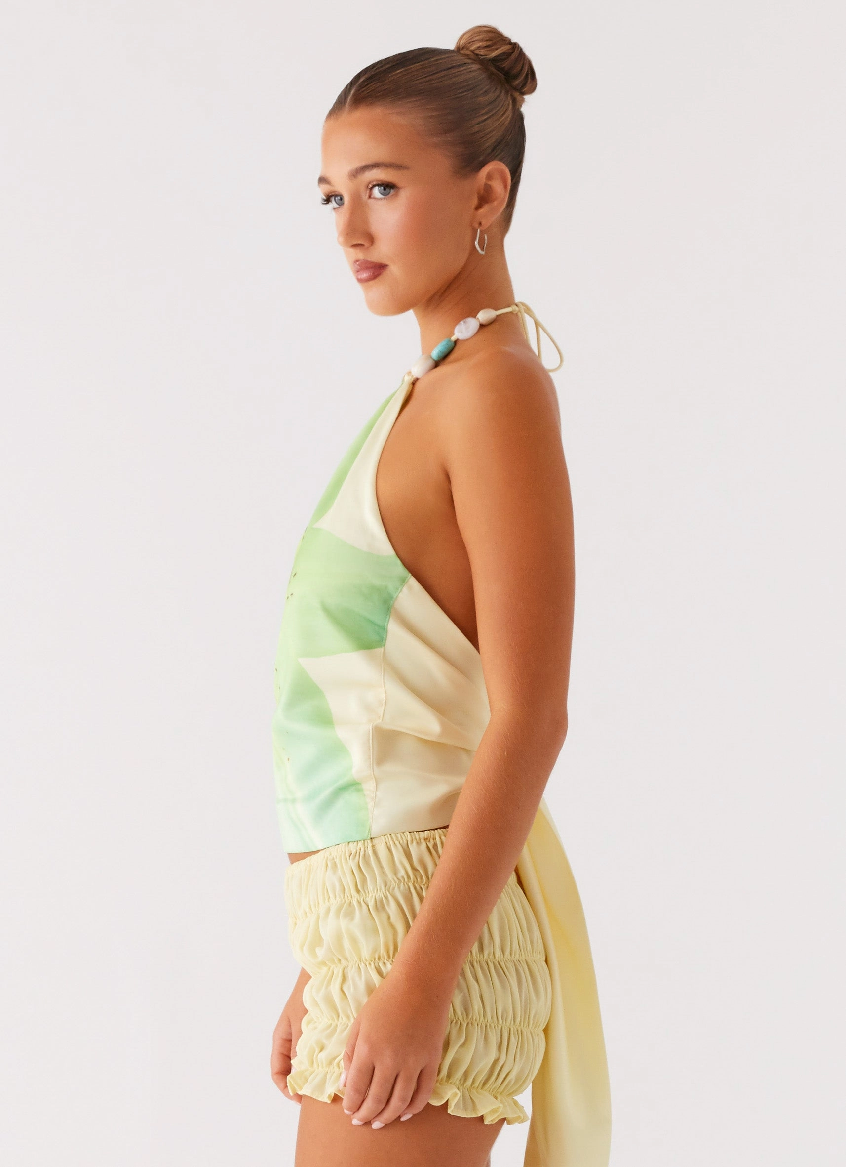 Dalila Beaded Tie Back Top - Yellow Floral Bound Seam Edges