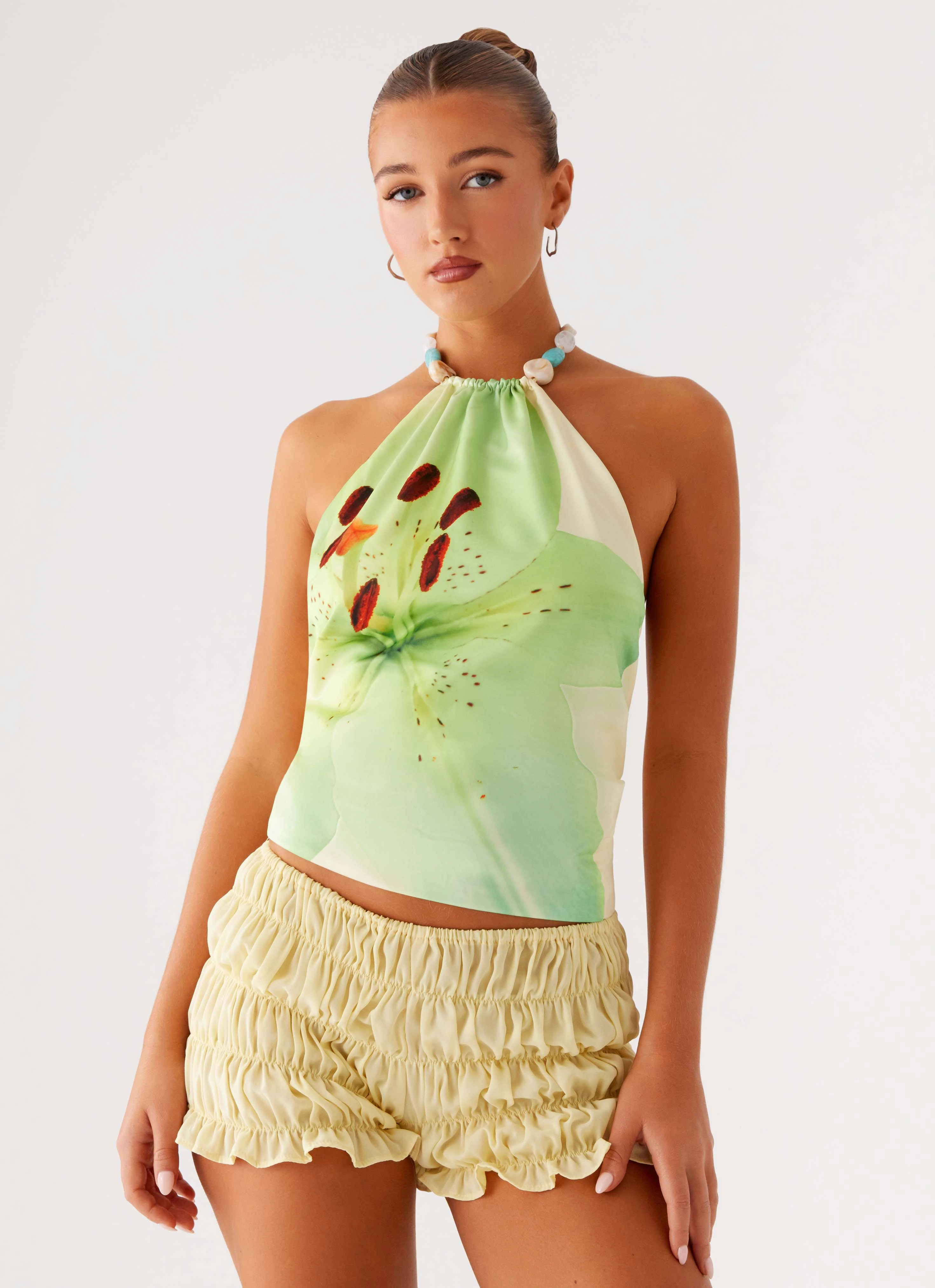 Dalila Beaded Tie Back Top - Yellow Floral LowProfile Zipper High Collar Design