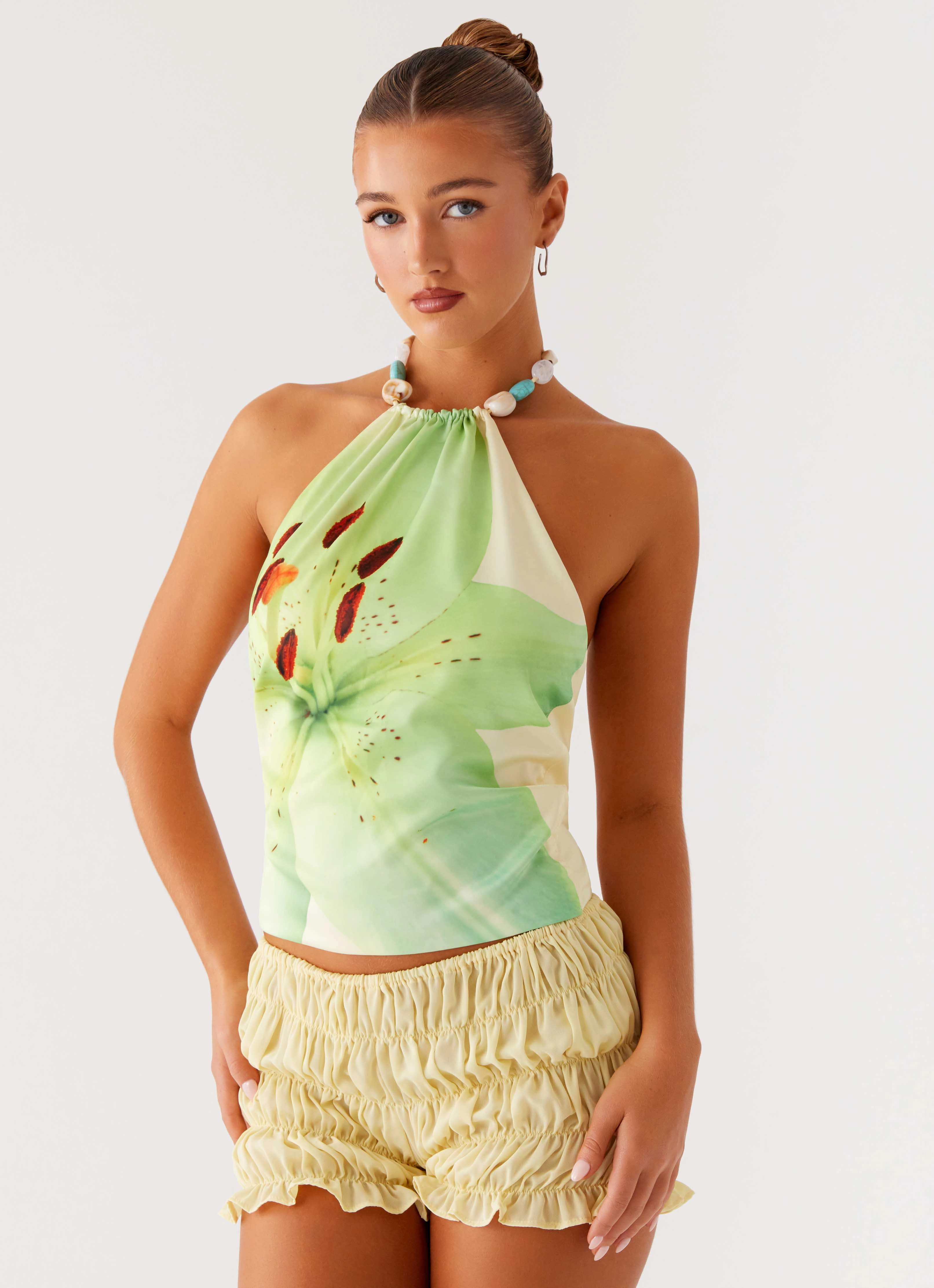 Dalila Beaded Tie Back Top - Yellow Floral Anti Pilling simple design