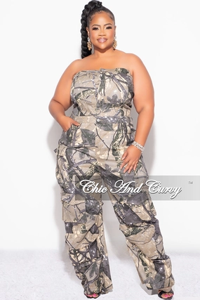 Flexible Motion Non Iron Technology Final Sale Plus Size Cargo Jumpsuit in Brown and Grey