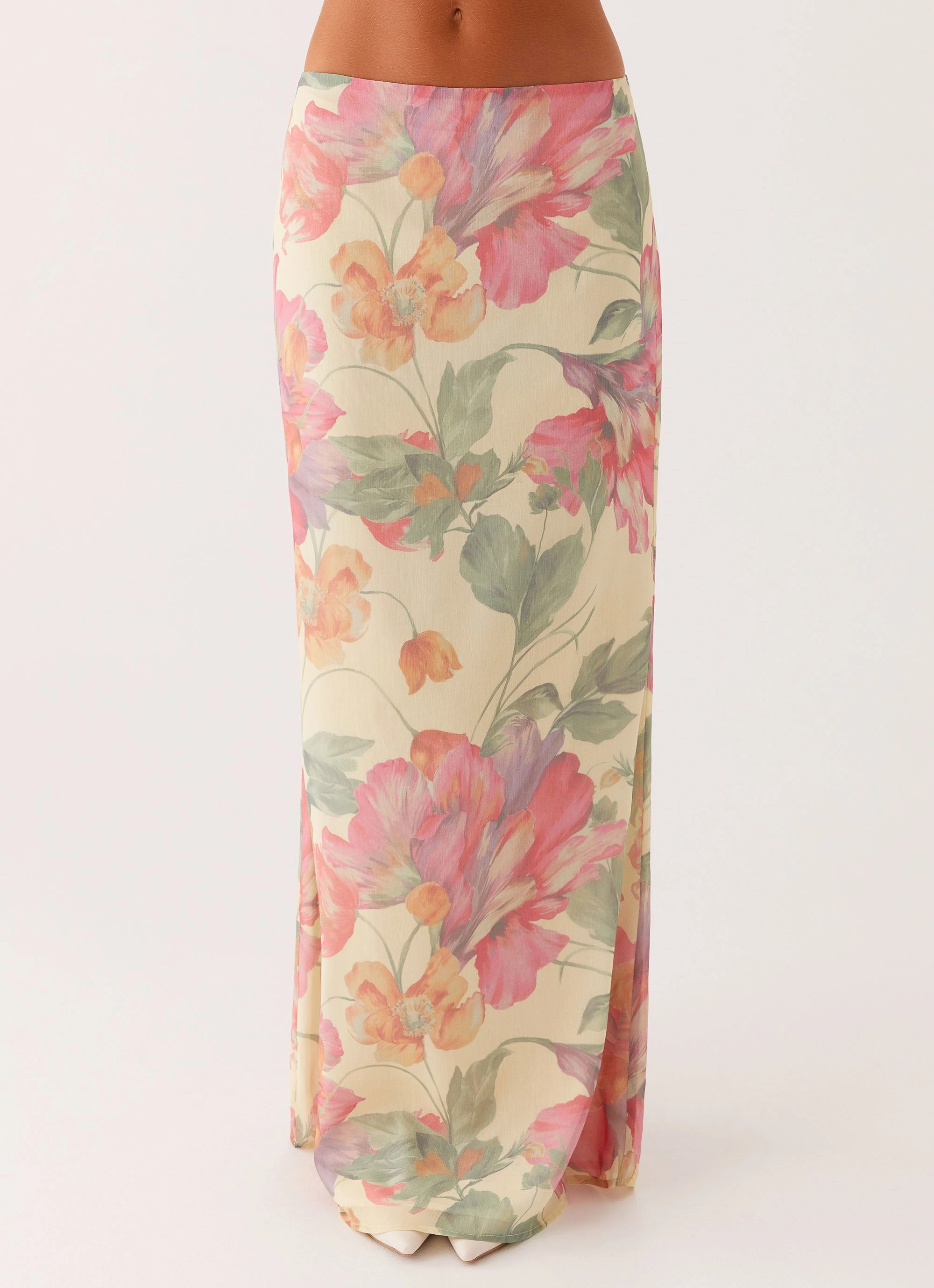 Soulful Low Rise Maxi Skirt - Yellow Peony Tight Waist Quick Conversion Hem