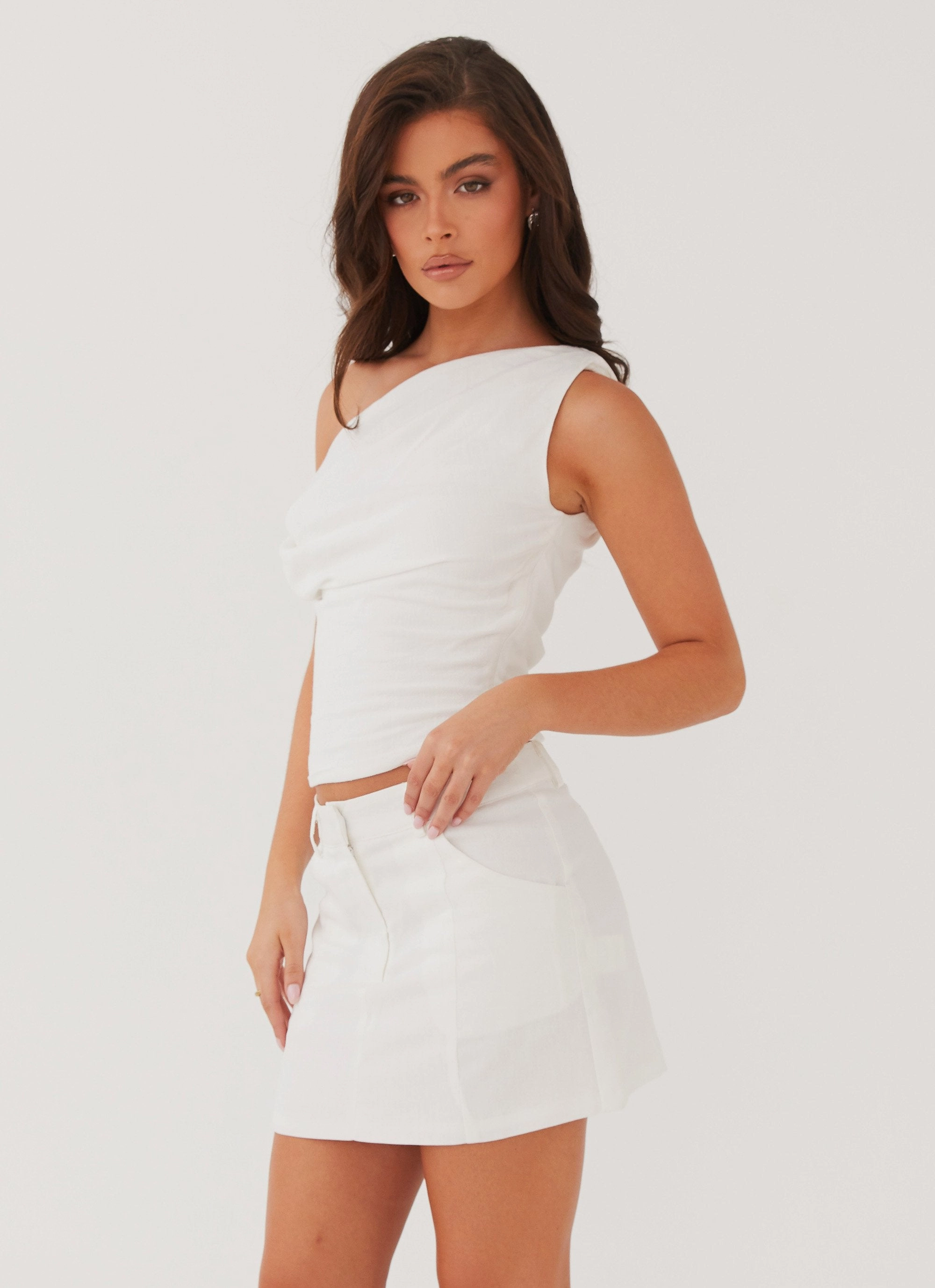 Marissa Linen One Shoulder Top - White Distressed Texture BreathableFabric