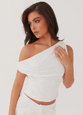 EcoFriendly Dye Process FlexibleNeckline Marissa Linen One Shoulder Top - White