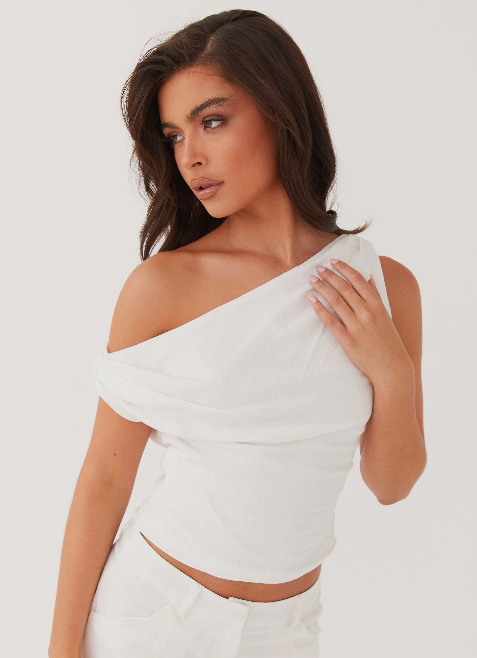 EcoFriendly Dye Process FlexibleNeckline Marissa Linen One Shoulder Top - White