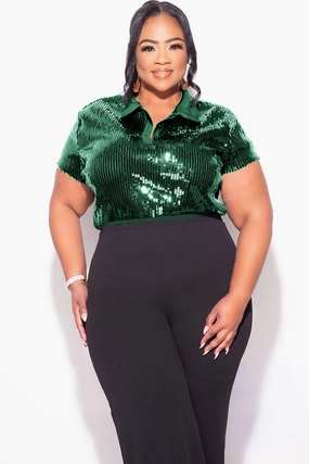 Final Sale Plus Size Collar Sequin Top in Green ConvertibleStyle All Over Print Technique