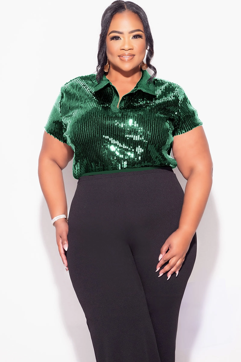 Final Sale Plus Size Collar Sequin Top in Green ConvertibleStyle All Over Print Technique
