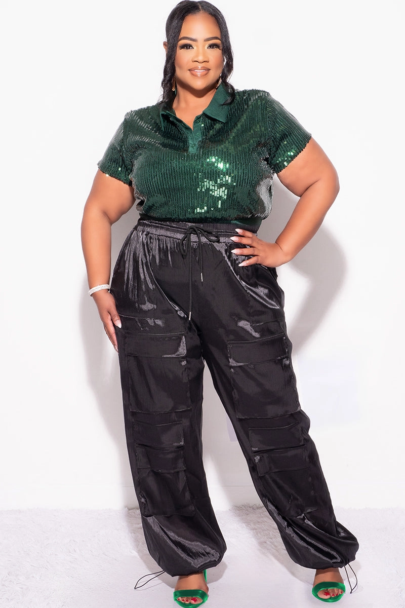 Final Sale Plus Size Collar Sequin Top in Green Quick-Dry Fabric ConvertibleCollar