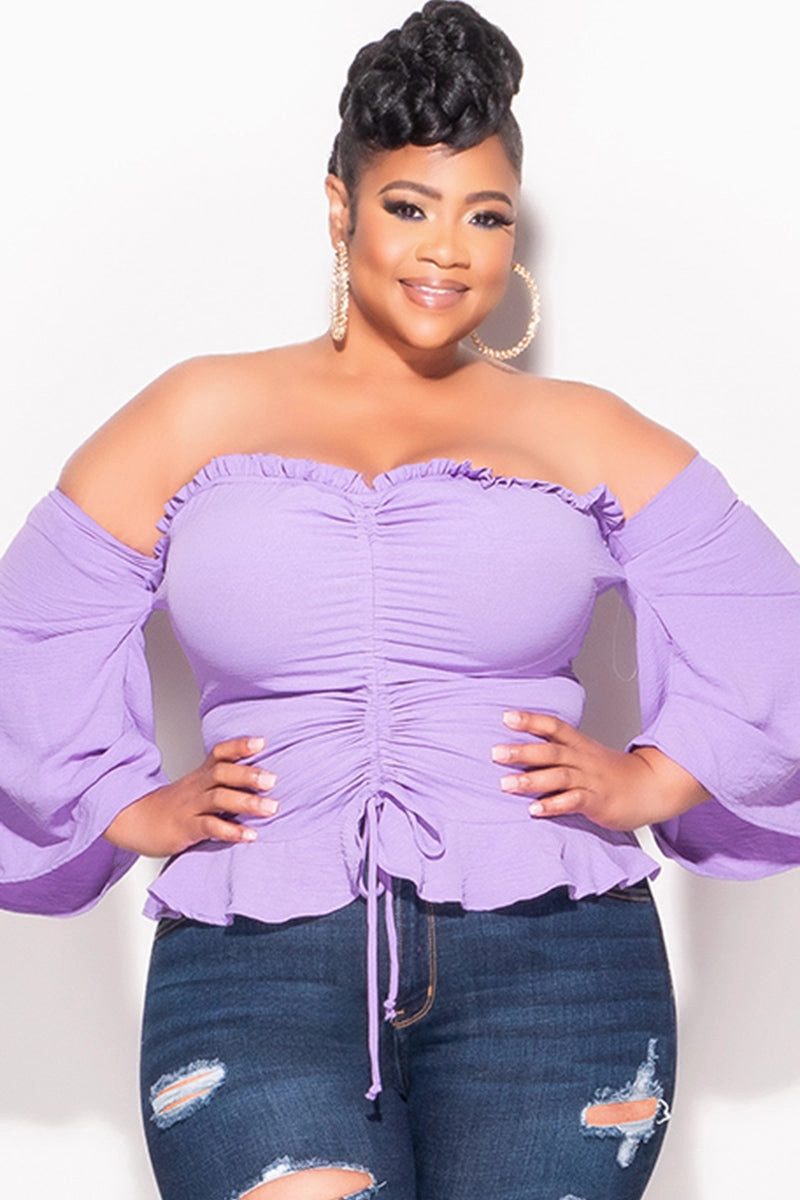 Final Sale Plus Size Off the Shoulder Frill Top with Middle Drawstring in Purple Pocket Reinforcement