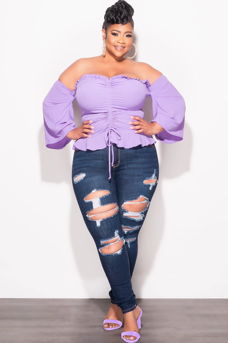 Flexible Performance Final Sale Plus Size Off the Shoulder Frill Top with Middle Drawstring in Purple