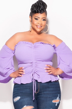 Final Sale Plus Size Off the Shoulder Frill Top with Middle Drawstring in Purple Pocket Reinforcement