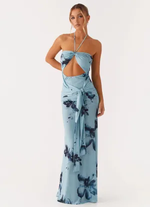 Antonia Maxi Dress - Black Blue Floral Travel Friendly Year Round
