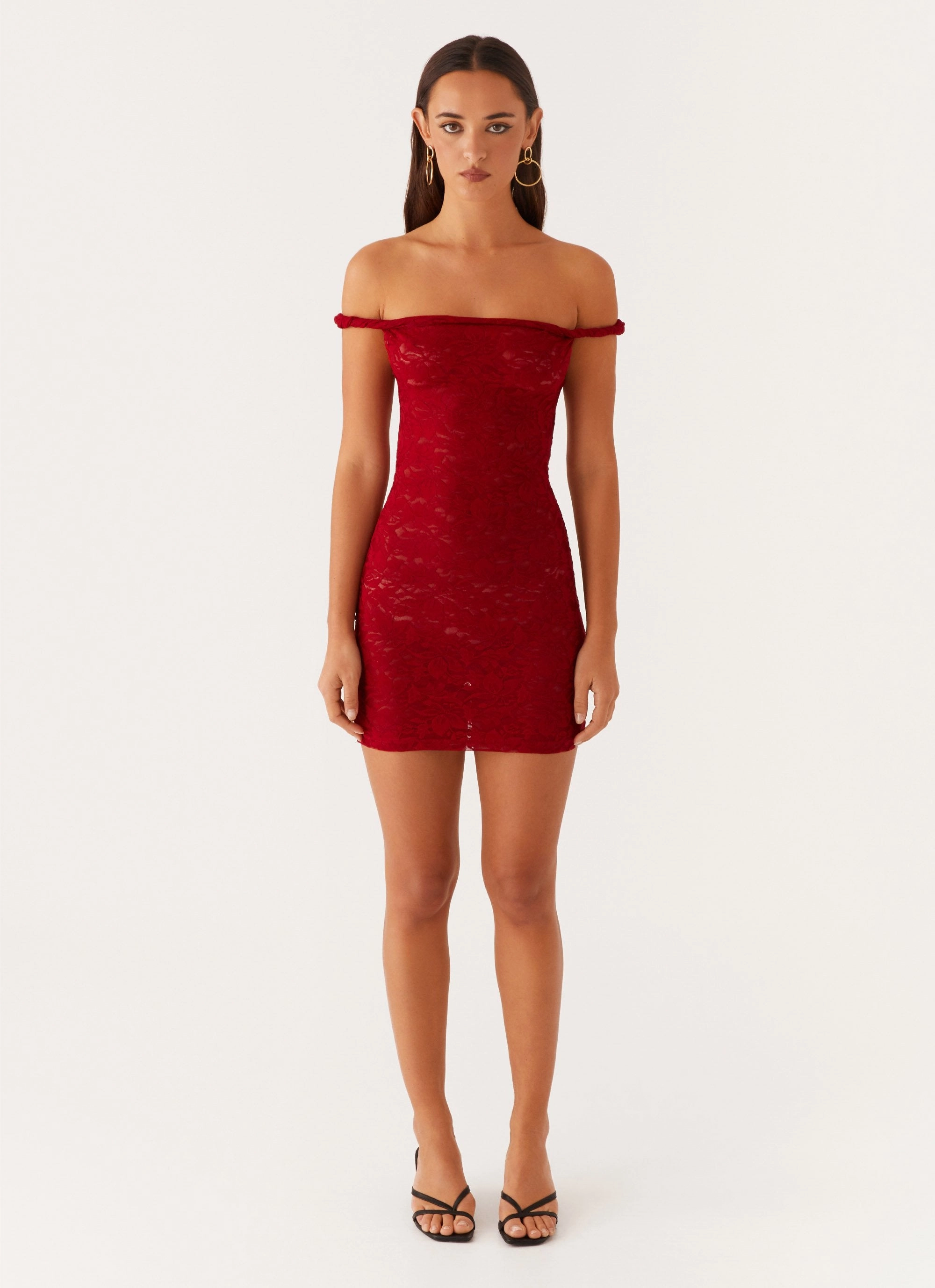 Chic boho dress Arabella Lace Twist Shoulder Mini Dress - Red
