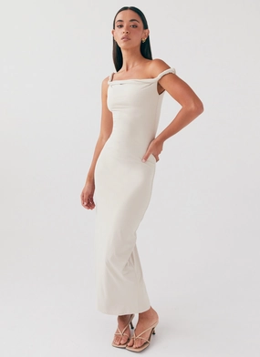 Arabella Twist Shoulder Maxi Dress - Beige Fall Tone