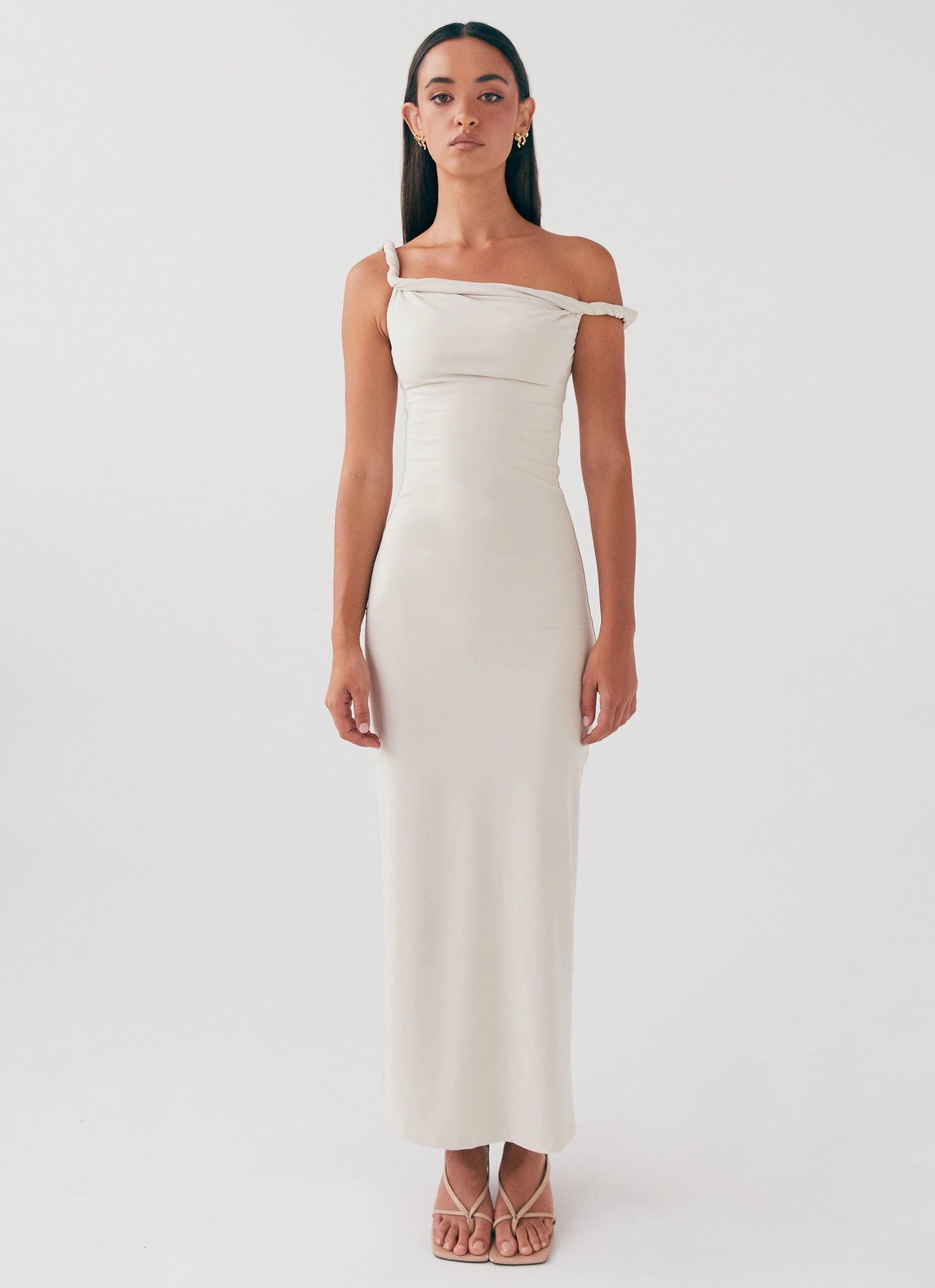 Lounge Cut Organic-Fabric Arabella Twist Shoulder Maxi Dress - Beige
