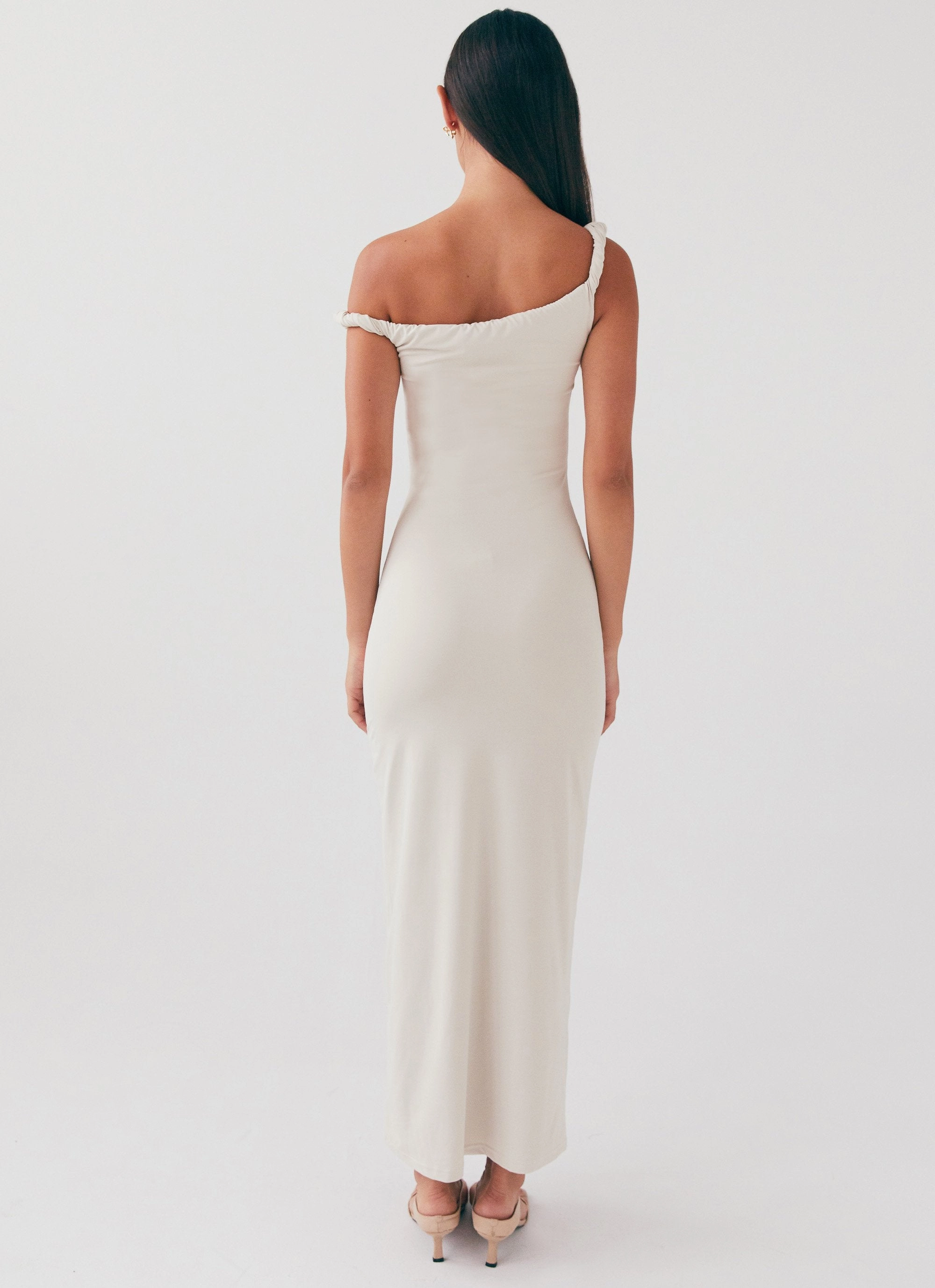 Arabella Twist Shoulder Maxi Dress - Beige Sharp Edge