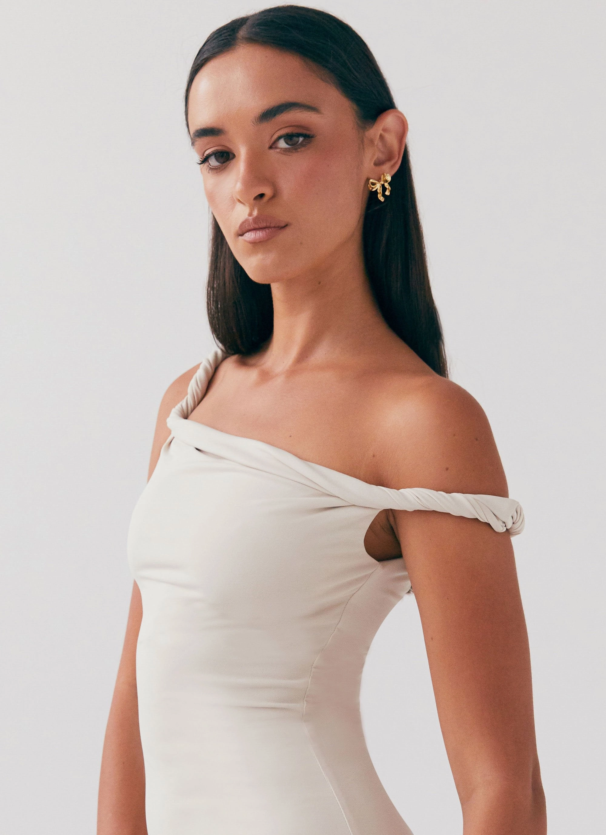 Arabella Twist Shoulder Maxi Dress - Beige Climate-Adaptive