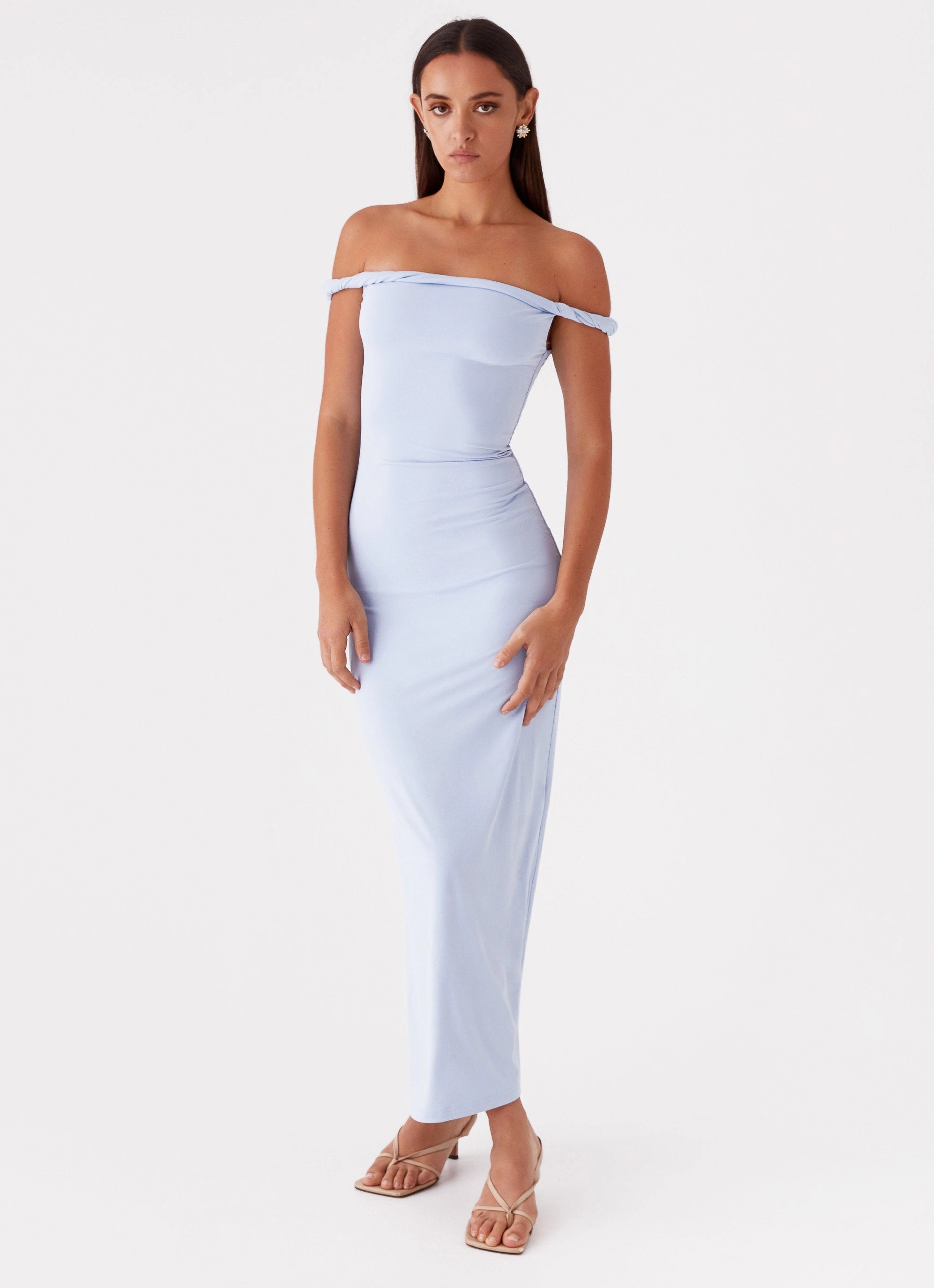 Flared shape Gathered Skirt Arabella Twist Shoulder Maxi Dress - Blue