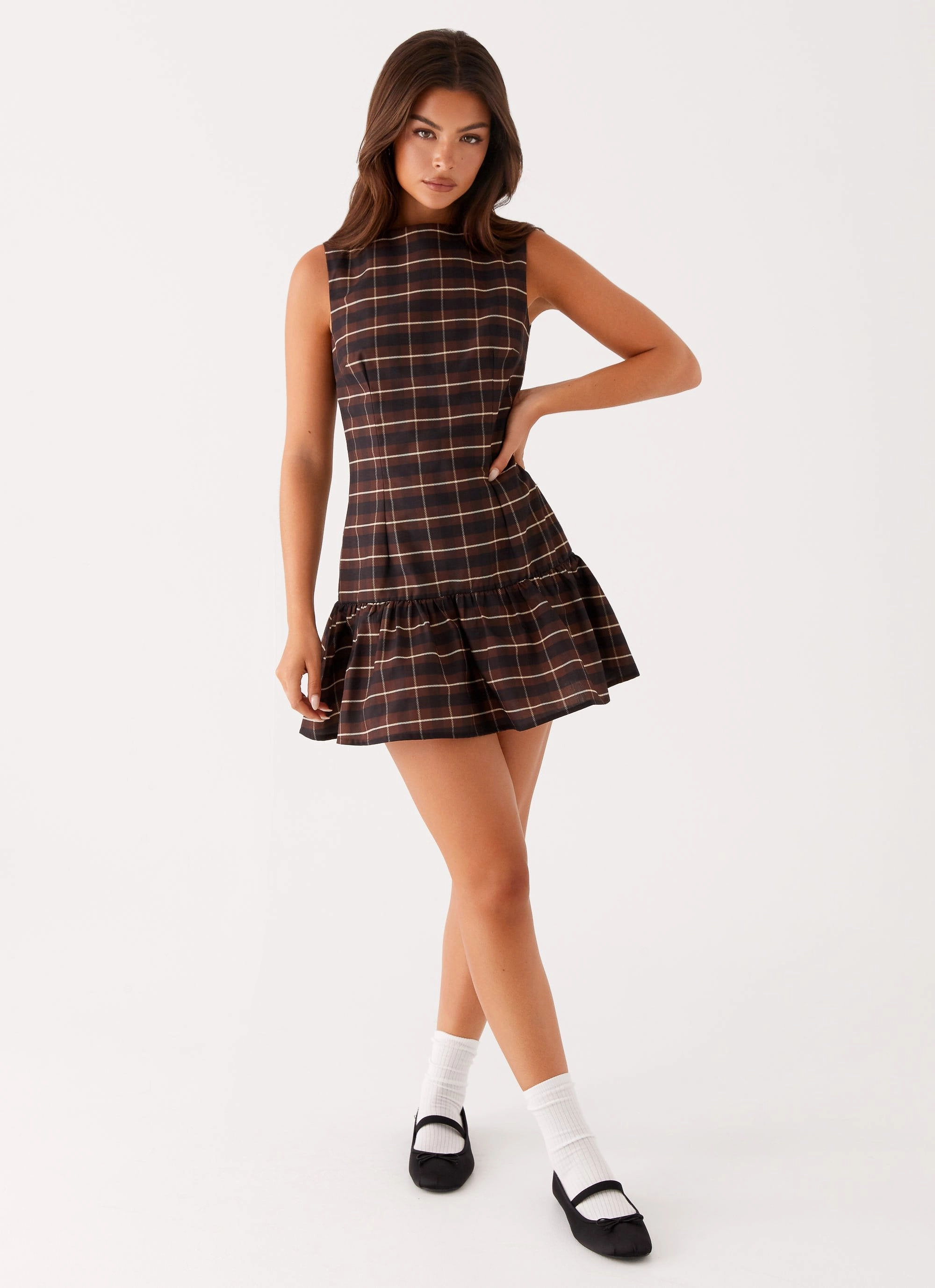 Arizona Mini Dress - Brown Black Check Sleek Fit Feel Good