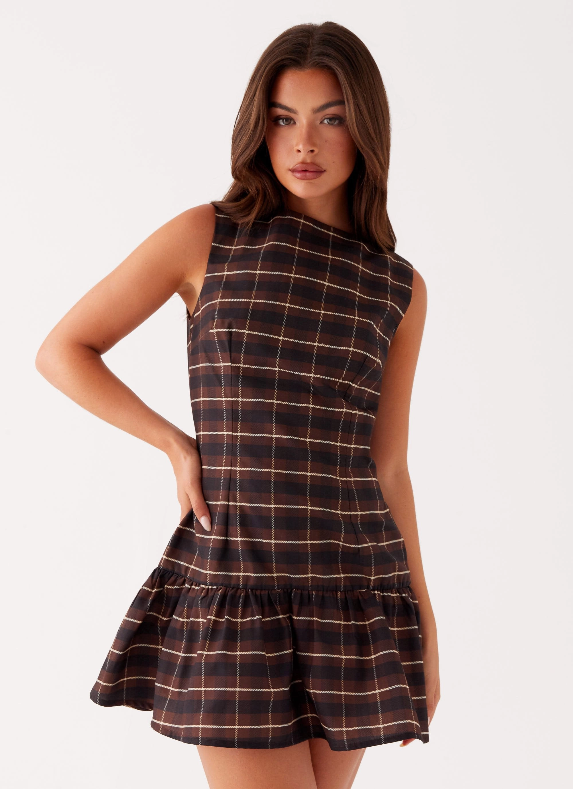 Smart Detail Knit Warm Arizona Mini Dress - Brown Black Check