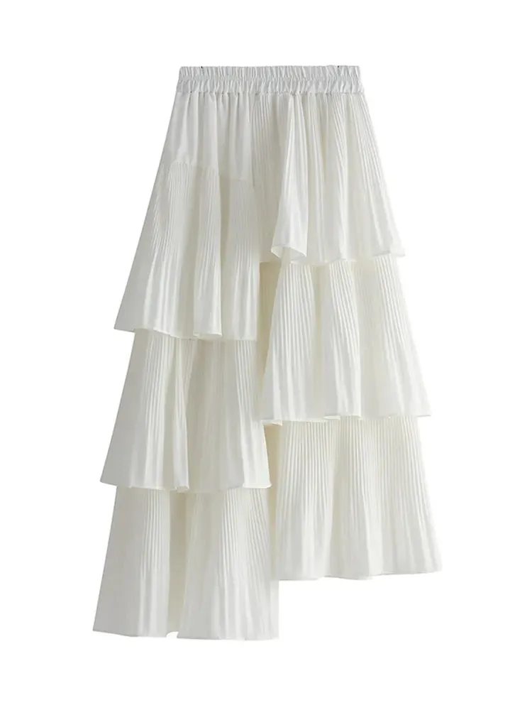 Asymmetric Pleated Skirt Women's Ruffle Irregular Hem Layered Midi Skirts