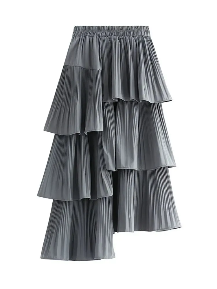 Asymmetric Pleated Skirt Women's Ruffle Irregular Hem Layered Midi Skirts