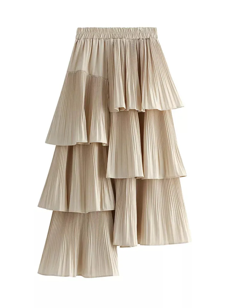 Asymmetric Pleated Skirt Women's Ruffle Irregular Hem Layered Midi Skirts
