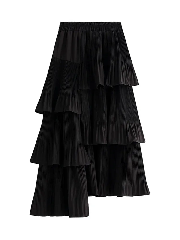 Asymmetric Pleated Skirt Women's Ruffle Irregular Hem Layered Midi Skirts