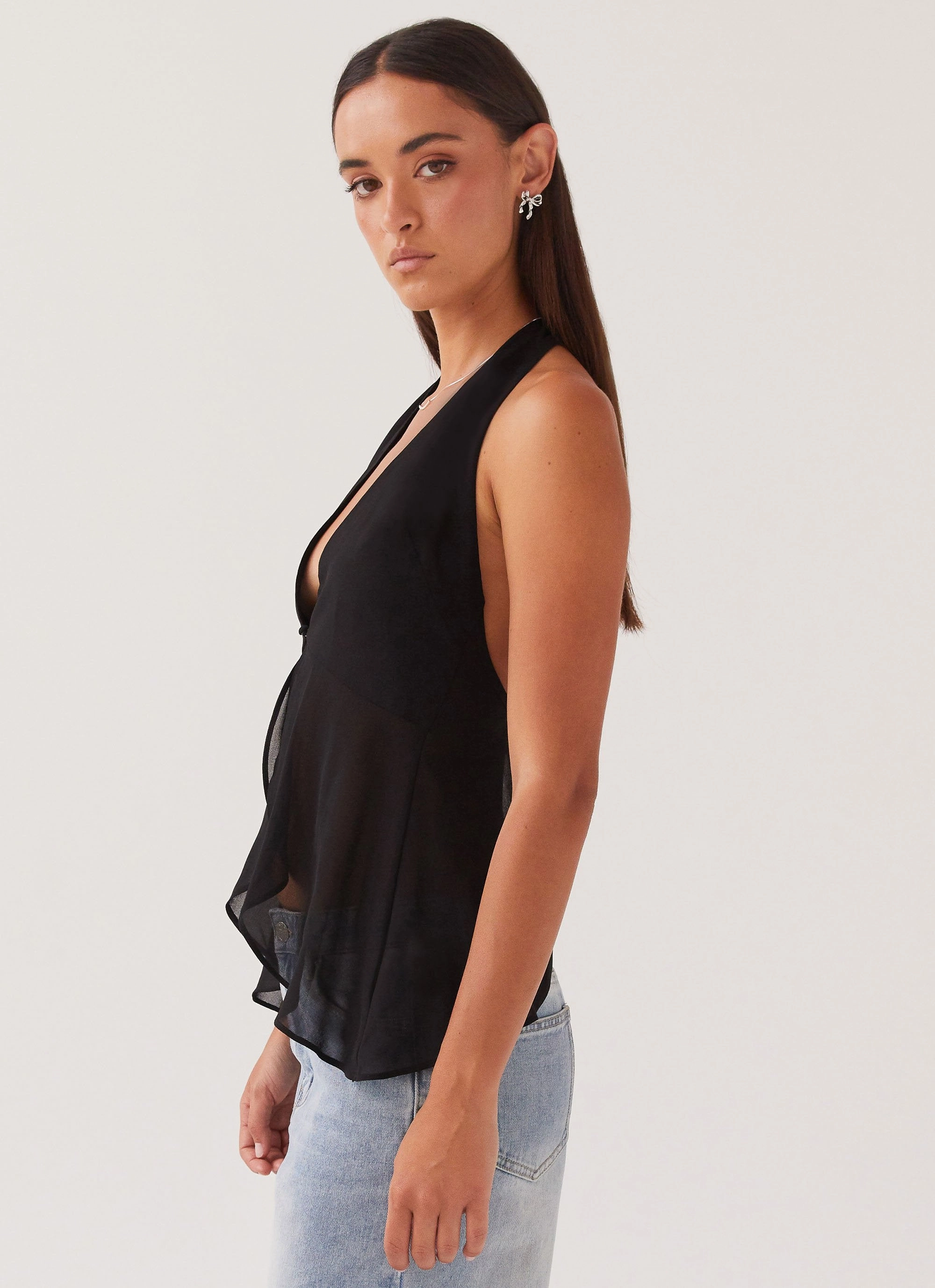 At Last Halterneck Top - Black Linen Blend Fabric Breathable Tank
