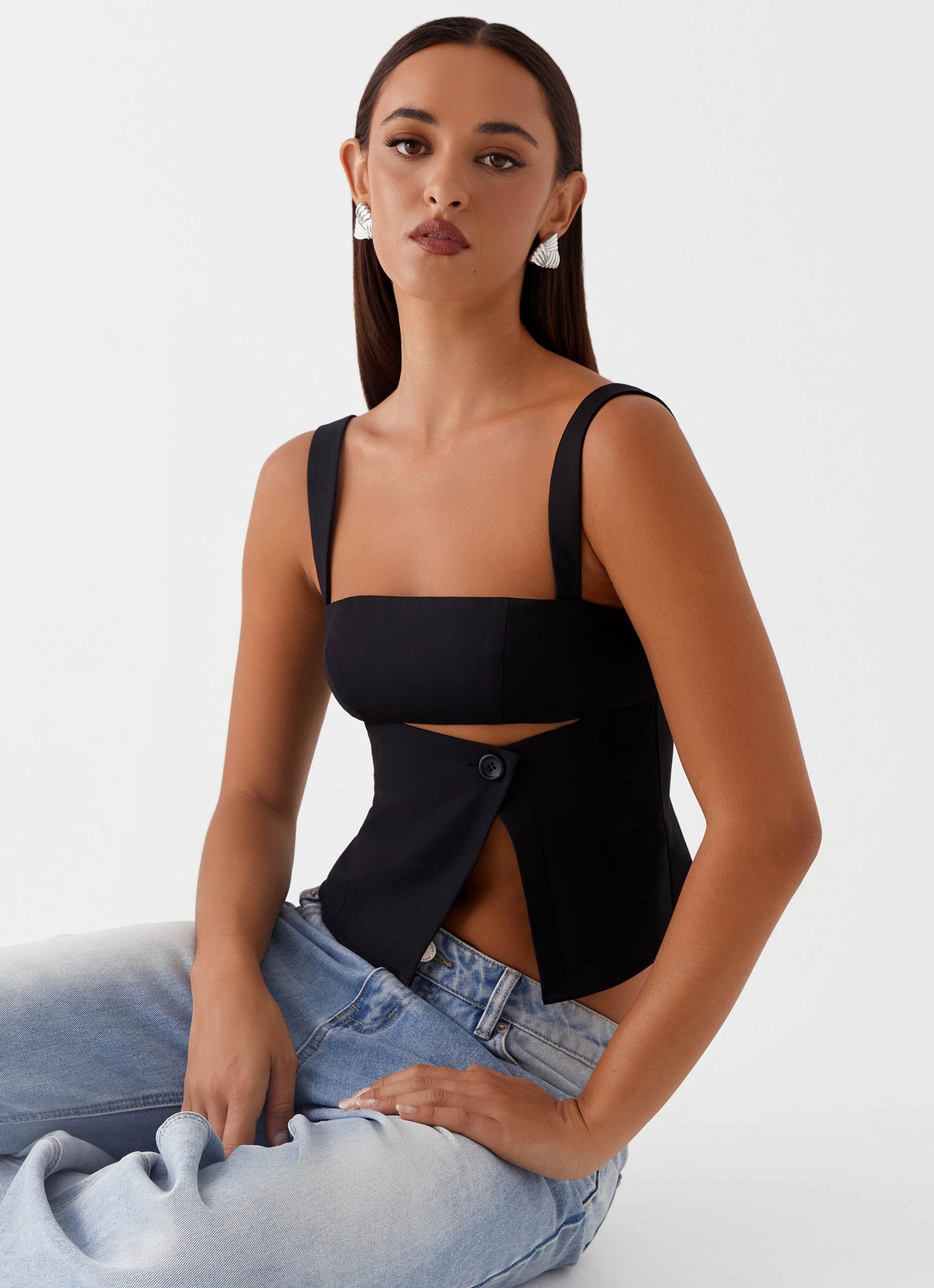 Pia Cut Out Top - Black Flexible Cuffs Microfiber Blended Fabric