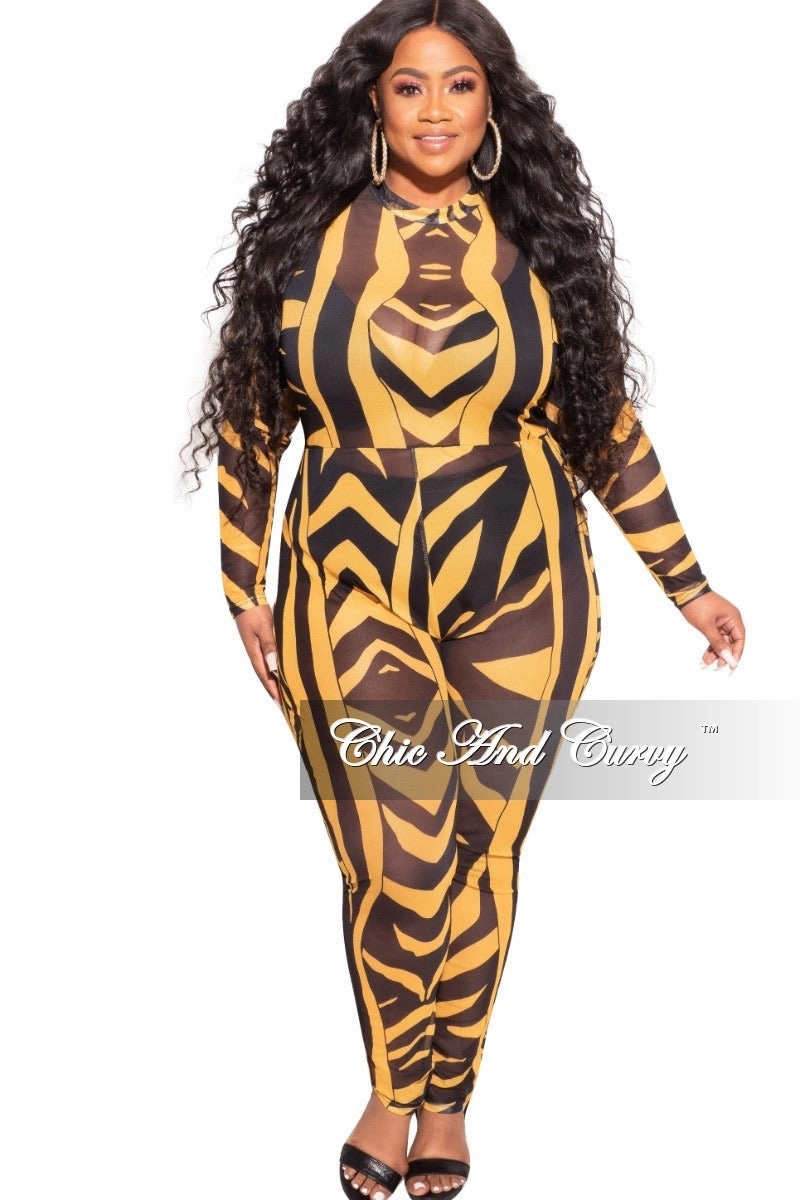 Final Sale Plus Size See Through Mesh Jumpsuit in Black and Mustard Zebra Print Multi Use Layer-Friendly