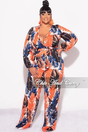 Final Sale Plus Size 2-Piece Crop Top and Palazzo Pant Set in Rust & Navy Tropical Print Smart Layering