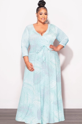 Double Needle Stitching Rubberized Hem Final Sale Plus Size Faux Wrap Dress in Aqua Palm Print