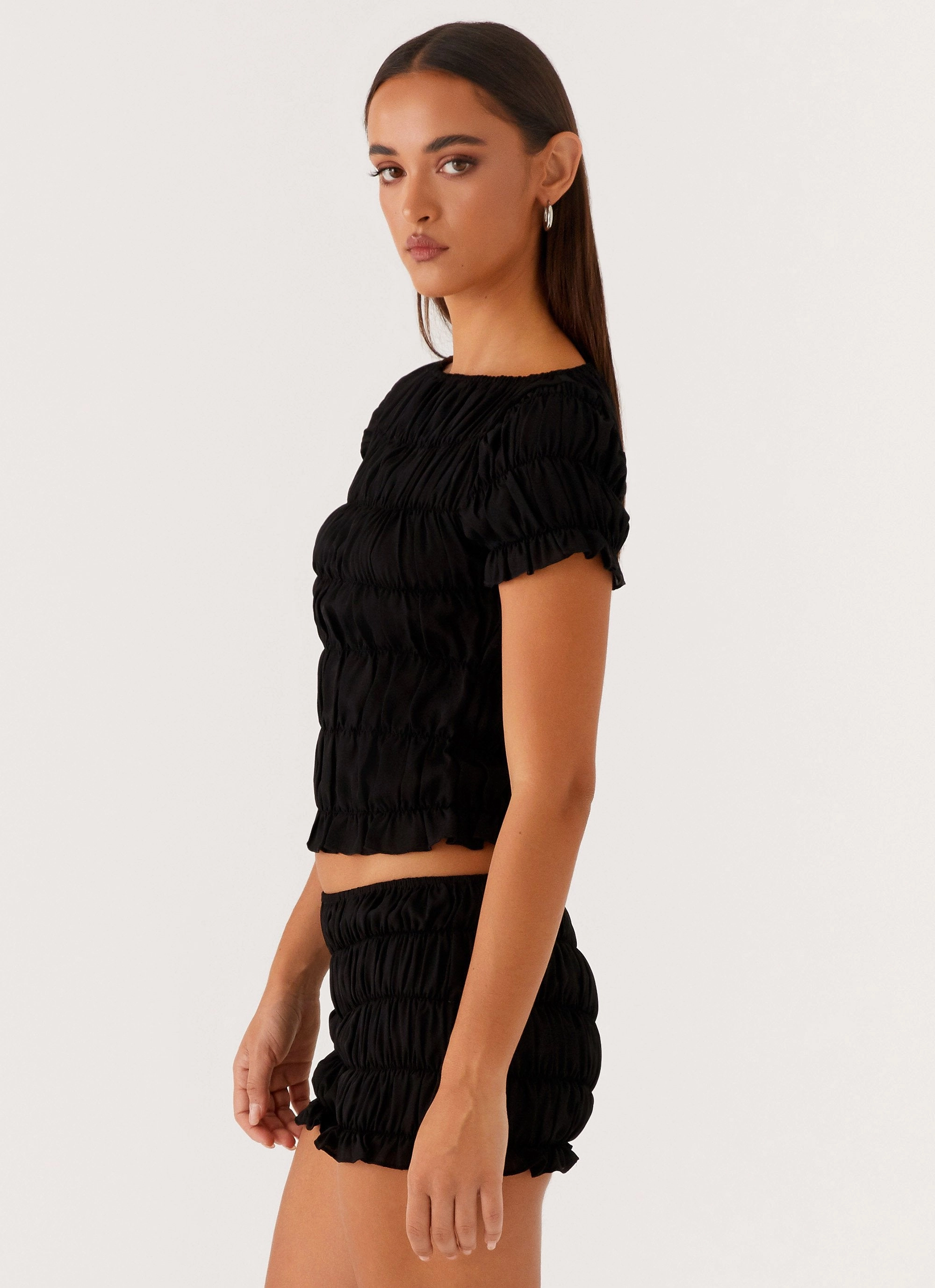LaserCut Edges Fashionable Style Mateo Ruched Top - Black