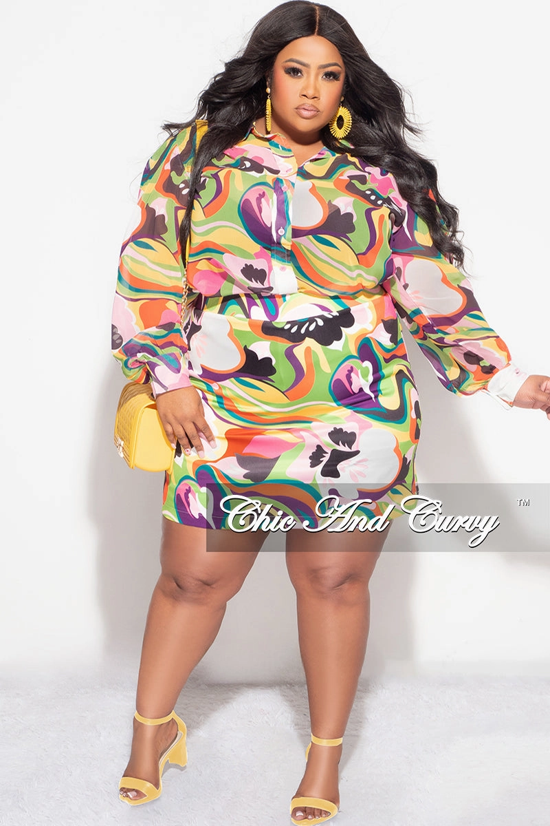 All Day Wear Comfort Flexible Look Final Sale Plus Size 2pc Chiffon Collar Button Up Top and Skirt Set in Multi Color Print