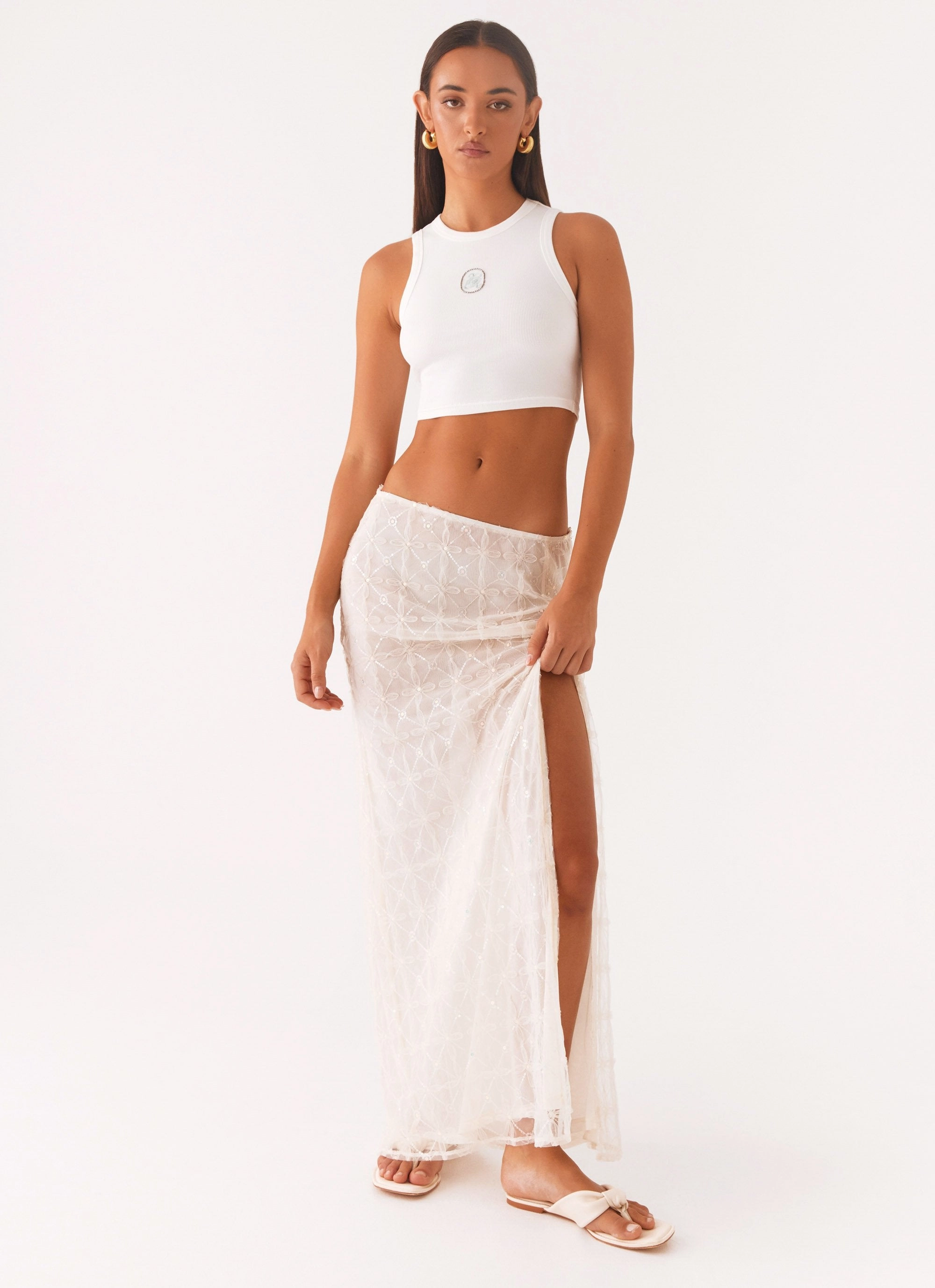 Opal Sequin Maxi Skirt - White NonSlipInnerGrip