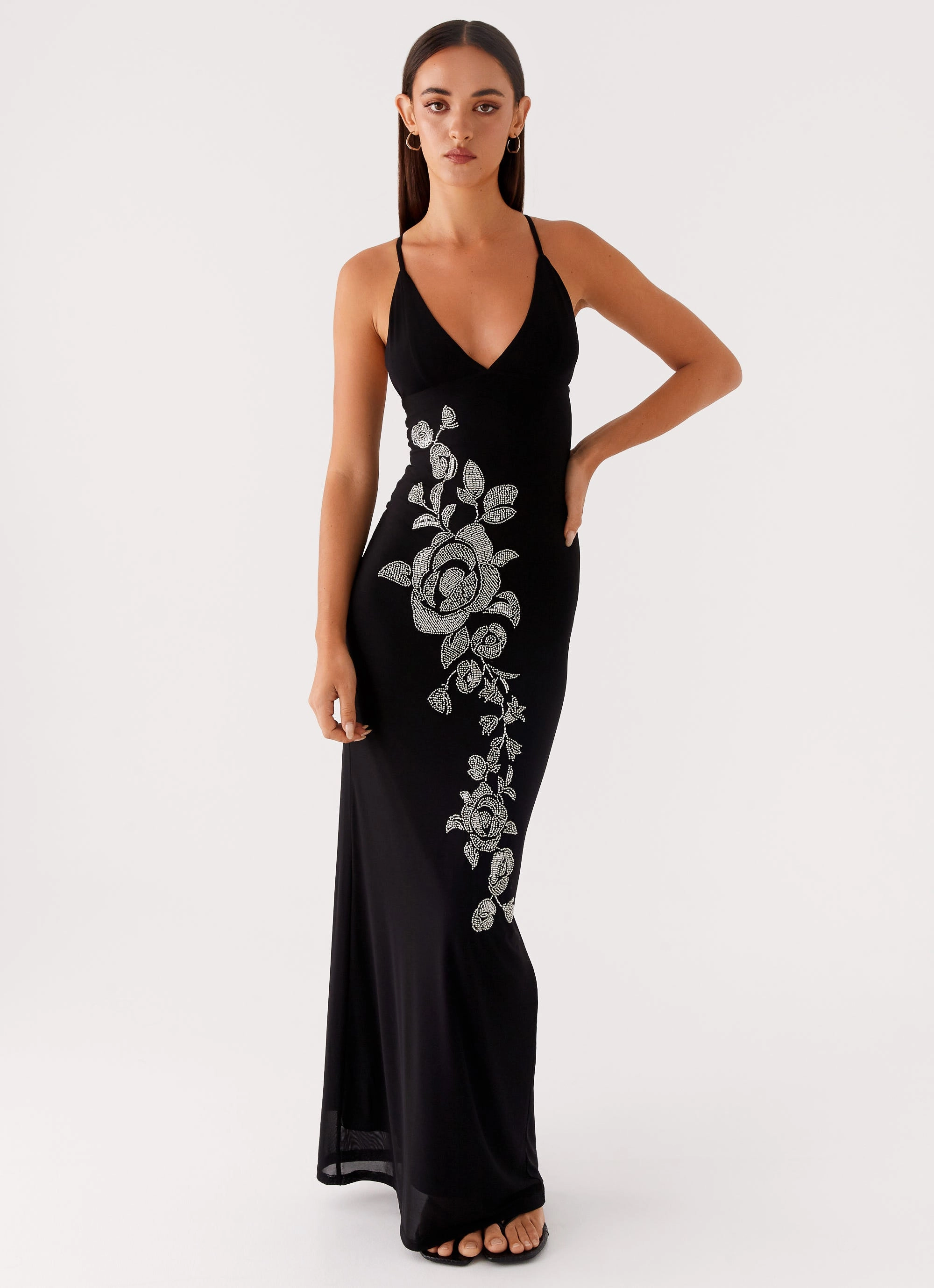 Daywear Mood BreathableFabric Beki Beaded Mesh Maxi Dress - Black