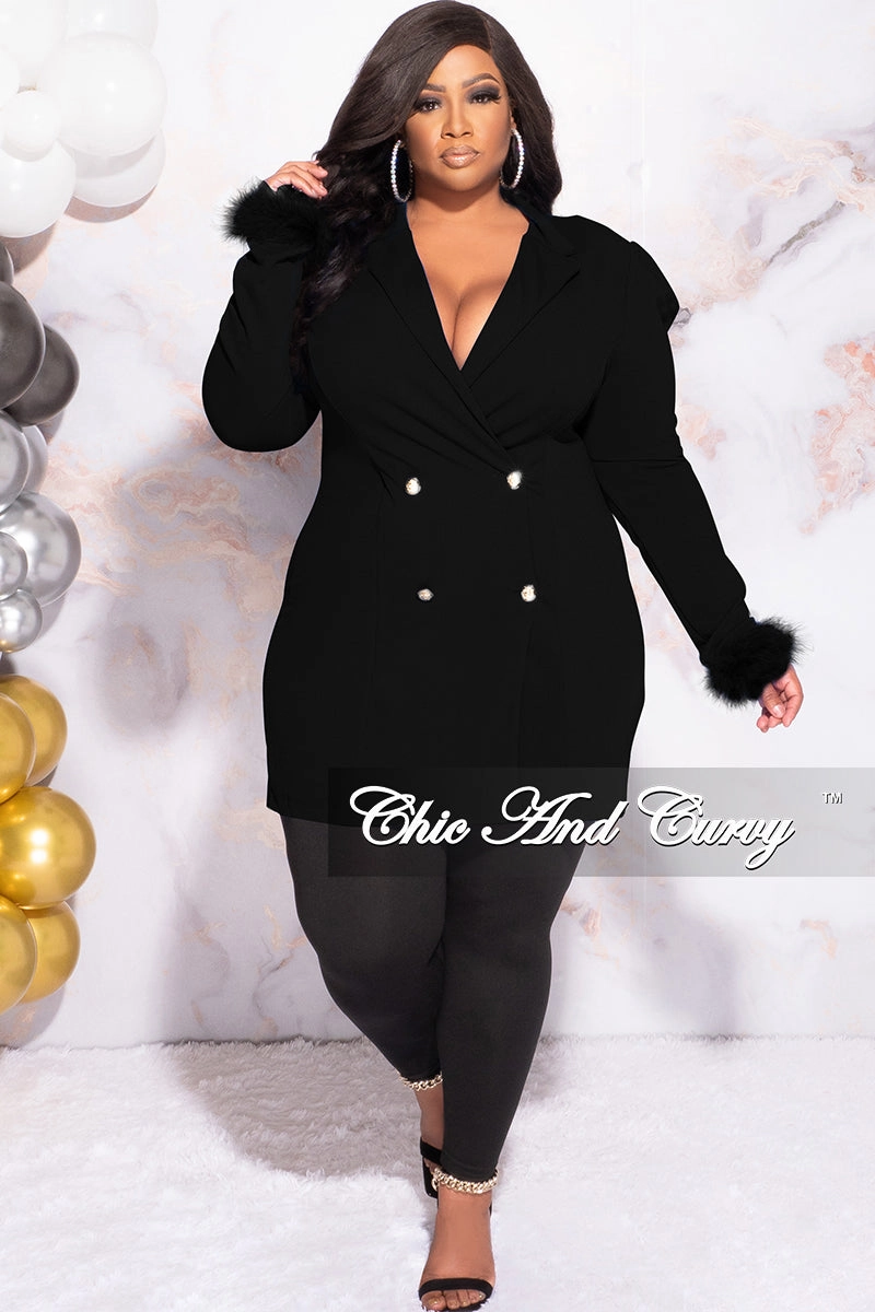 Soft Brushed Finish Available Online Only - Final Sale Plus Size Button Blazer Dress with Feather Cuffs in Black