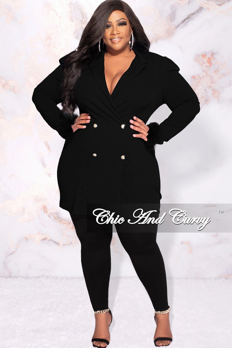 Available Online Only - Final Sale Plus Size Button Blazer Dress with Feather Cuffs in Black Lightweight Knit